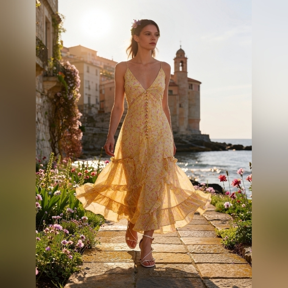 Yellow Floral Ruffle Midi Dress - Lightweight Spaghetti Strap Sundress